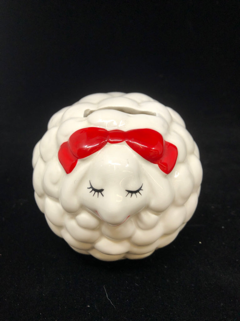 WHITE W/ RED BOW SHEEP PIGGY BANK.