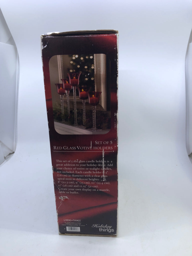 5 RED GLASS VOTIVE HOLDERS.