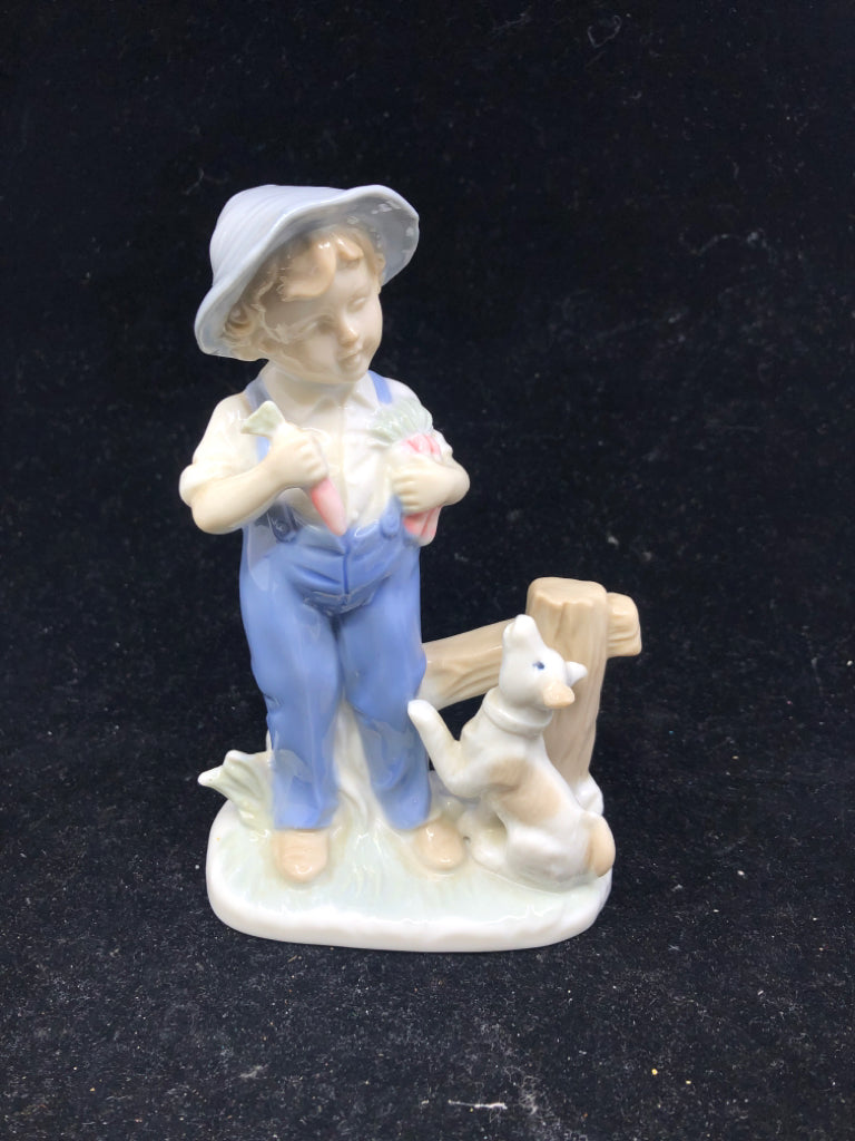 CERAMIC BOY HOLDING CARROTS DOG JUMPING UP IN KNEE.