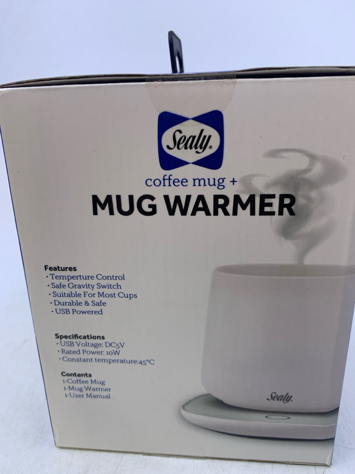 NIB SEALY COFFEE MUG + WARMER WHITE.