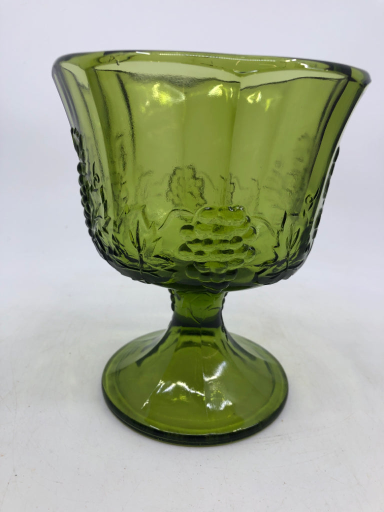 VTG GRAPE EMBOSSED GREEN GLASS FOOTED CANDY DISH.