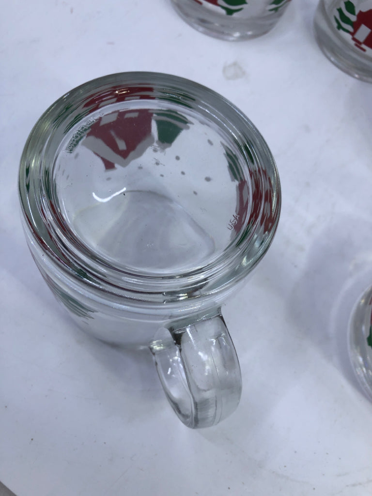 6 GLASS MUGS W/ RED HOUSE, TREES + SNOW.