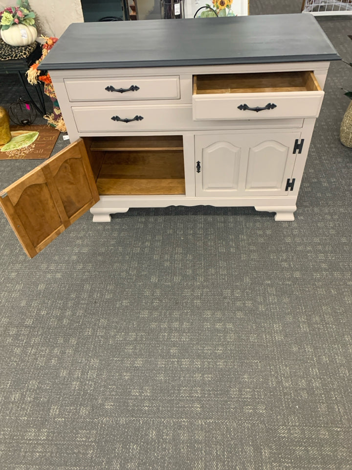 GREY W BLACK TOP BUFFET CABINET.