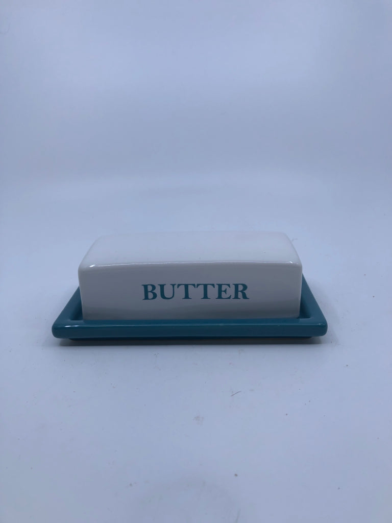 TEAL AND WHITE BUTTER DISH.