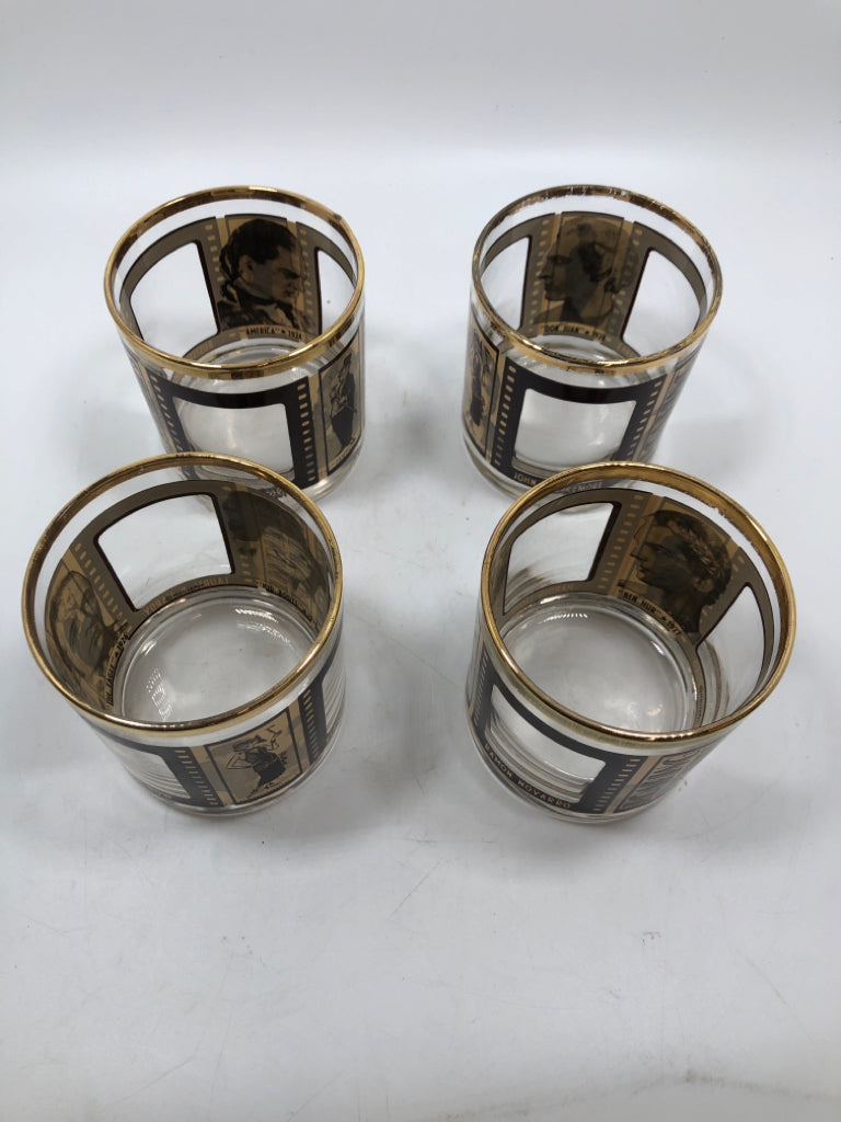 4 "ROARING TWENTIES" SILENT MOVIE STAR LOWBALL WHISKEY GLASSES.