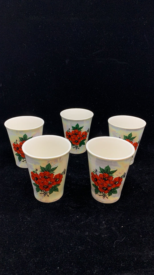 5 VTG RED POPPY PAINTED CERAMIC CUPS.