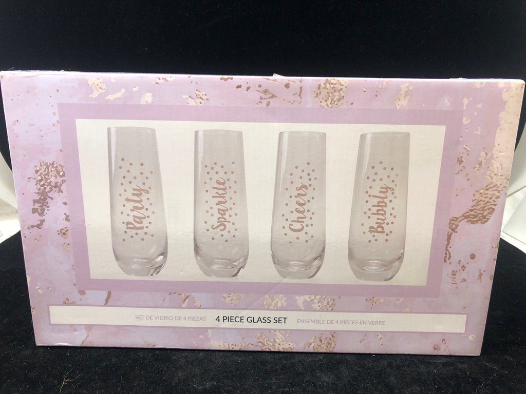 NIB 4 PC CELEBRATION WORDS STEMLESS CHAMPAGNE FLUTES.