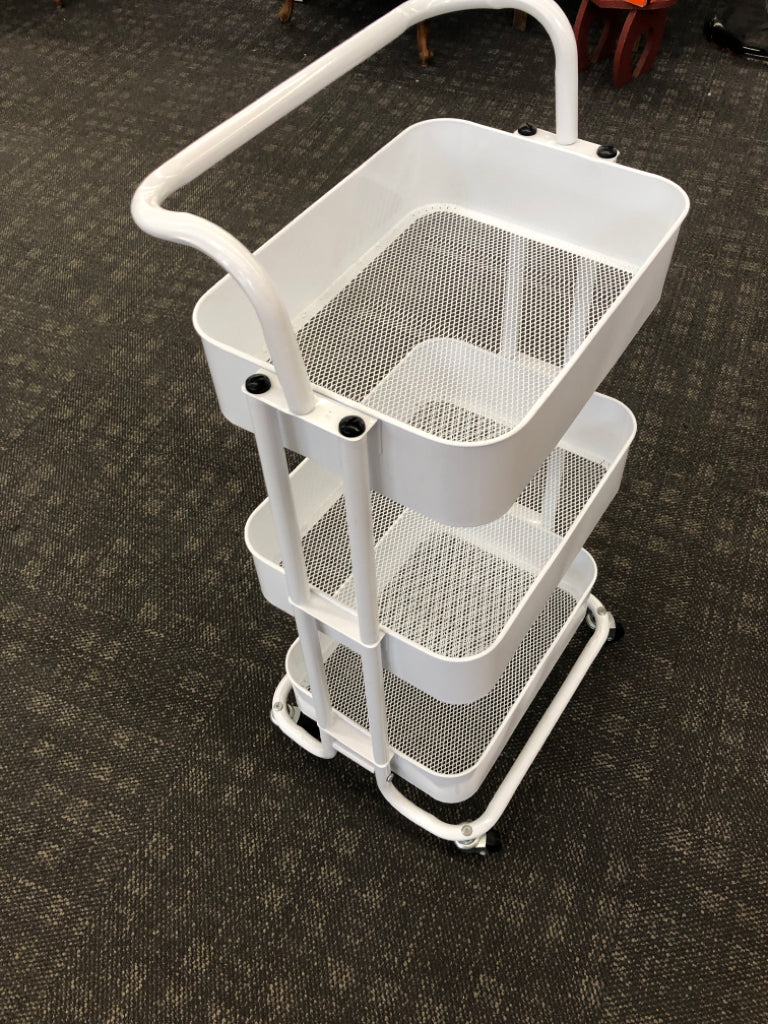 WHITE METAL 3 TIER STORAGE CART ON WHEELS.