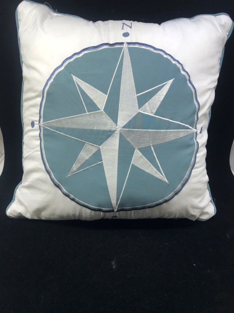 WHITE /TEAL COMPASS THROW PILLOW.