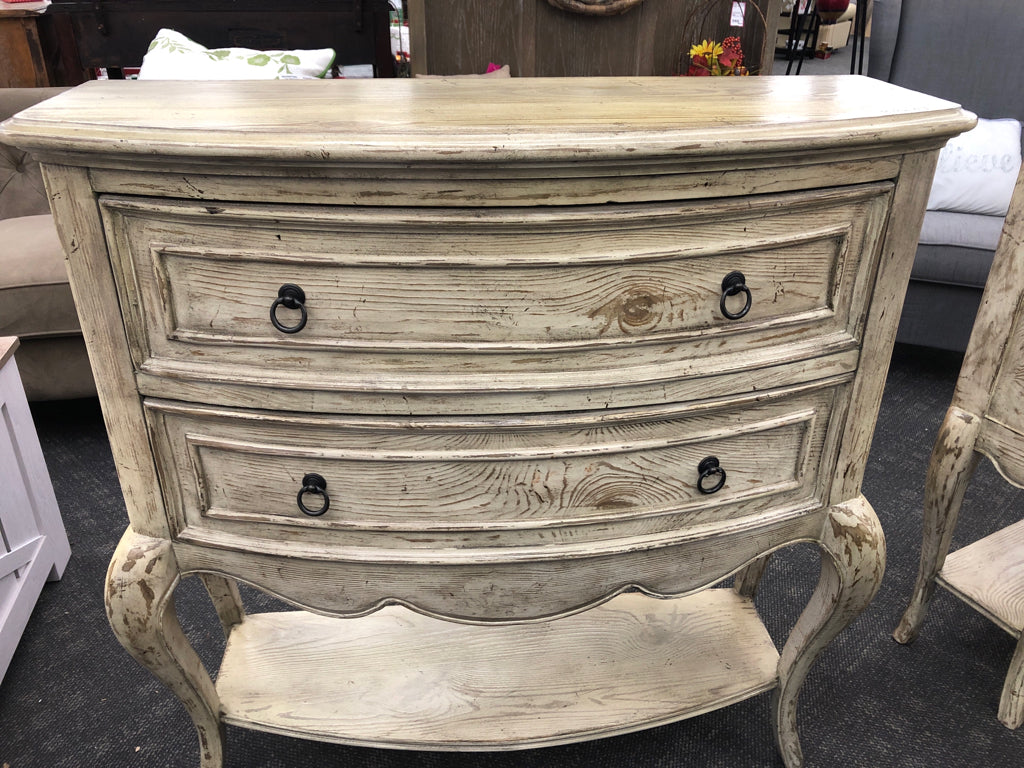 RUSTIC OFF WHITE 2 DRAWER CONSOLE TABLE W/ LOW SHELF.