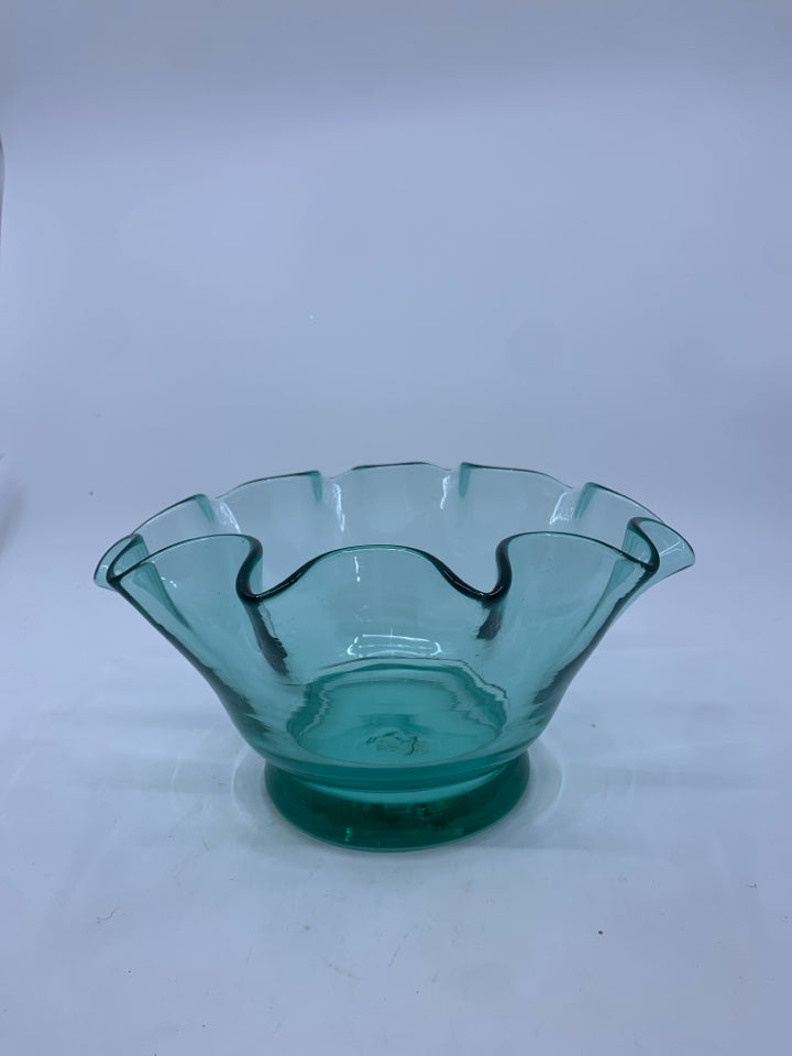 GREEN TINTED WAVY GLASS BOWL.