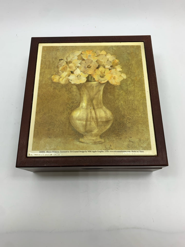 YELLOW FLORAL WOODEN JEWELRY BOX W/BLACK VELVET LINING.