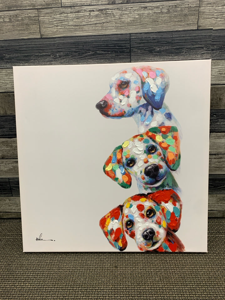 3 STACKED COLORFUL DOGS WALL CANVAS.