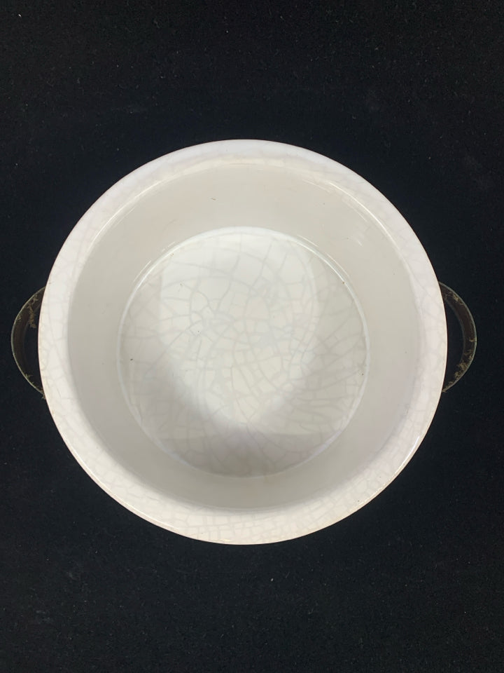 VTG PUNCHED TIN BIRDS & HEART HOLDER W/WHITE BOWL.