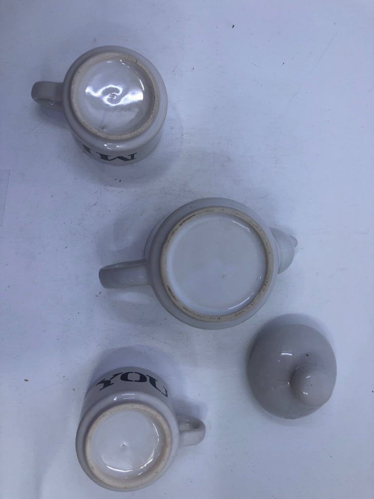 3PC BLACK AND WHITE TEA FOR 2 SET - 1 TEA POT, 2 MUGS.