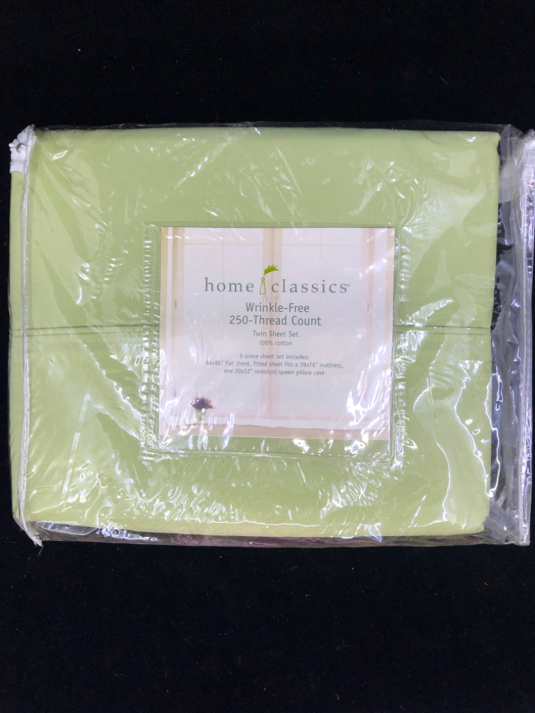 NIP GREEN TWIN SHEET SET 100% COTTON 3 PC- FLAT SHEET, FITTED SHEET, STANDARD PI
