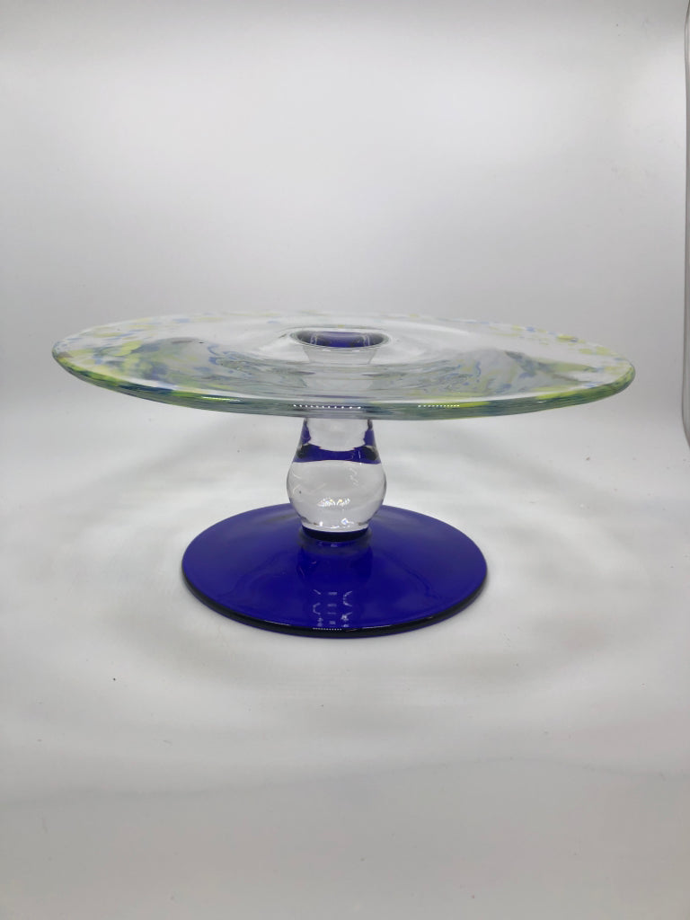 GLASS CAKE STAND W/ COBALT BLUE BASE.