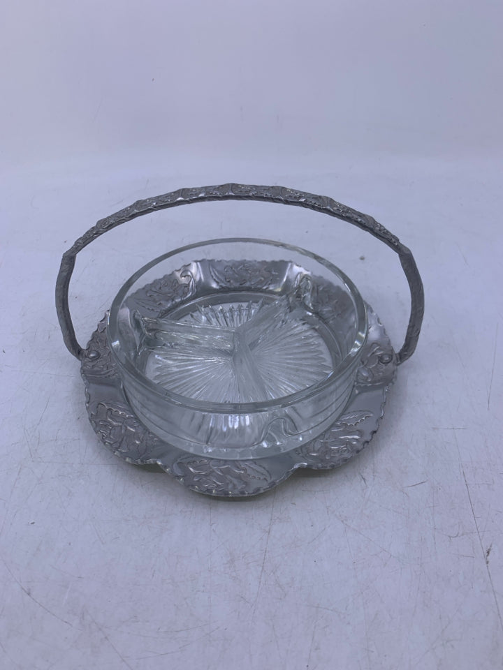 GLASS DIVIDED BOWL W/ SILVER METAL HOLDER EMBOSSED LEAVES.