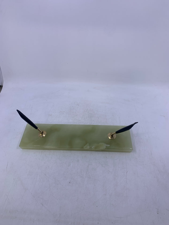 GREEN MARBLE BASE W/ 2 PEN HOLDERS.