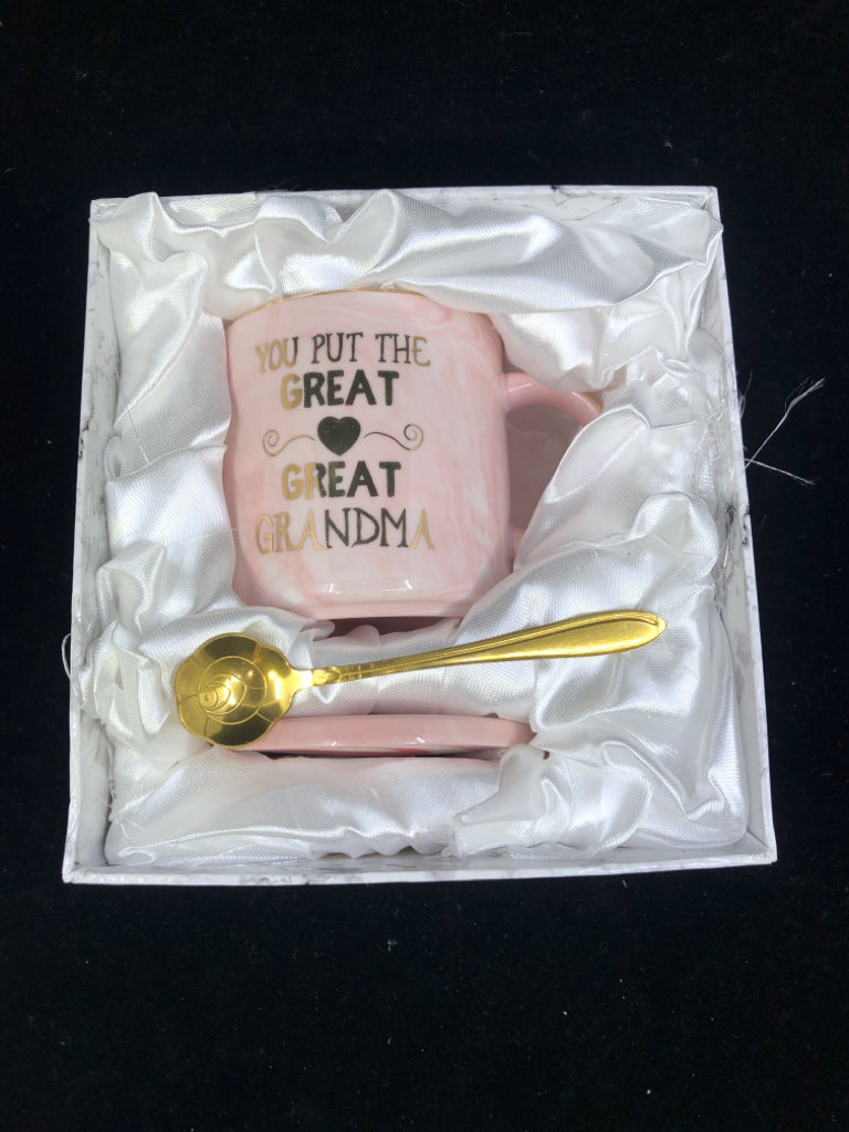 NIB GREAT GRANDMA MUG SET W COASTER + SPOON.