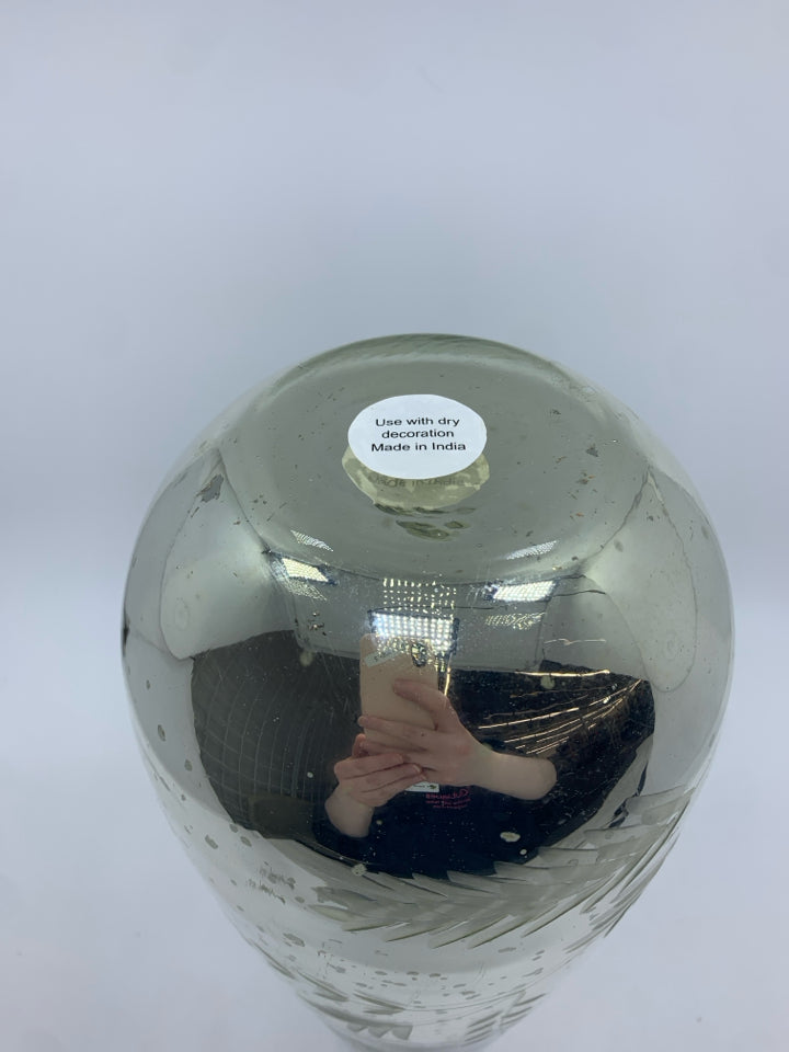 TALL MERCURY GLASS VASE W/ SPECKLES/LEAF DESIGN.