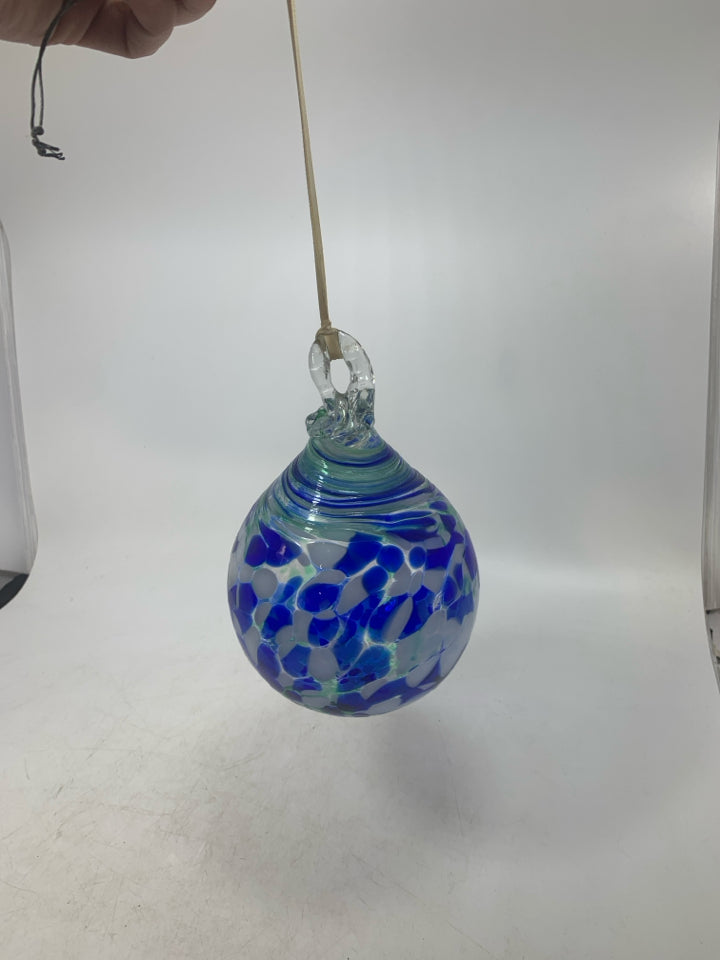GREEN BLUE WHITE BLOWN GLASS HANGING TEAR DROP ORB.