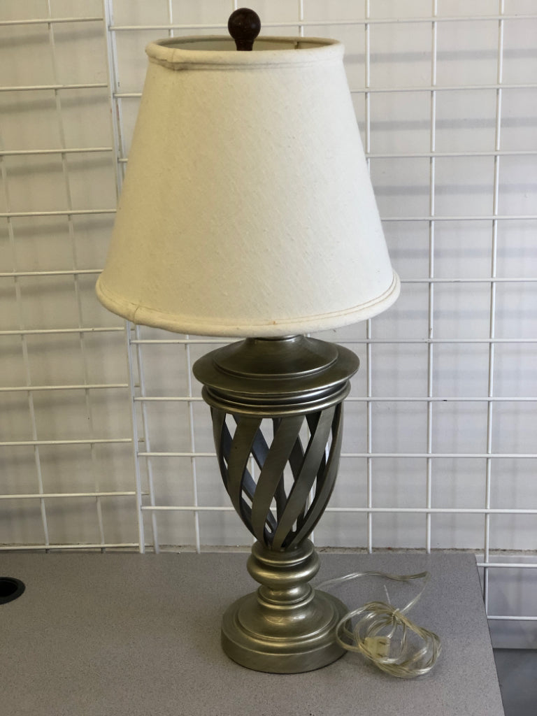 HEAVY SILVER BASKET LAMP W/ CAGE LOOK/TEXTURED SHADE.
