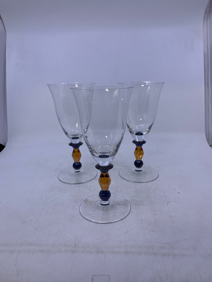 3 IRIDESCENT STEM GOBLETS.