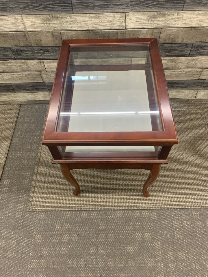 DARK WOOD SHADOW BOX SIDE TABLE.