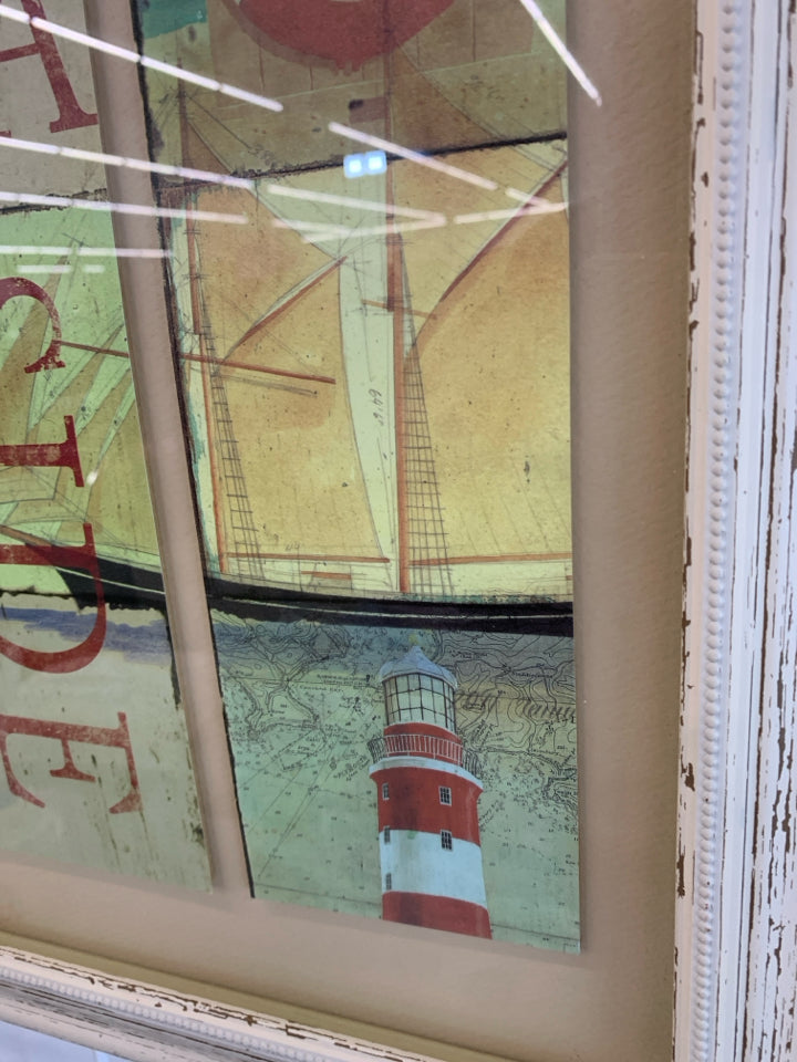 SEASIDE SHADOWBOX ART IN PINK WASHED FRAME.