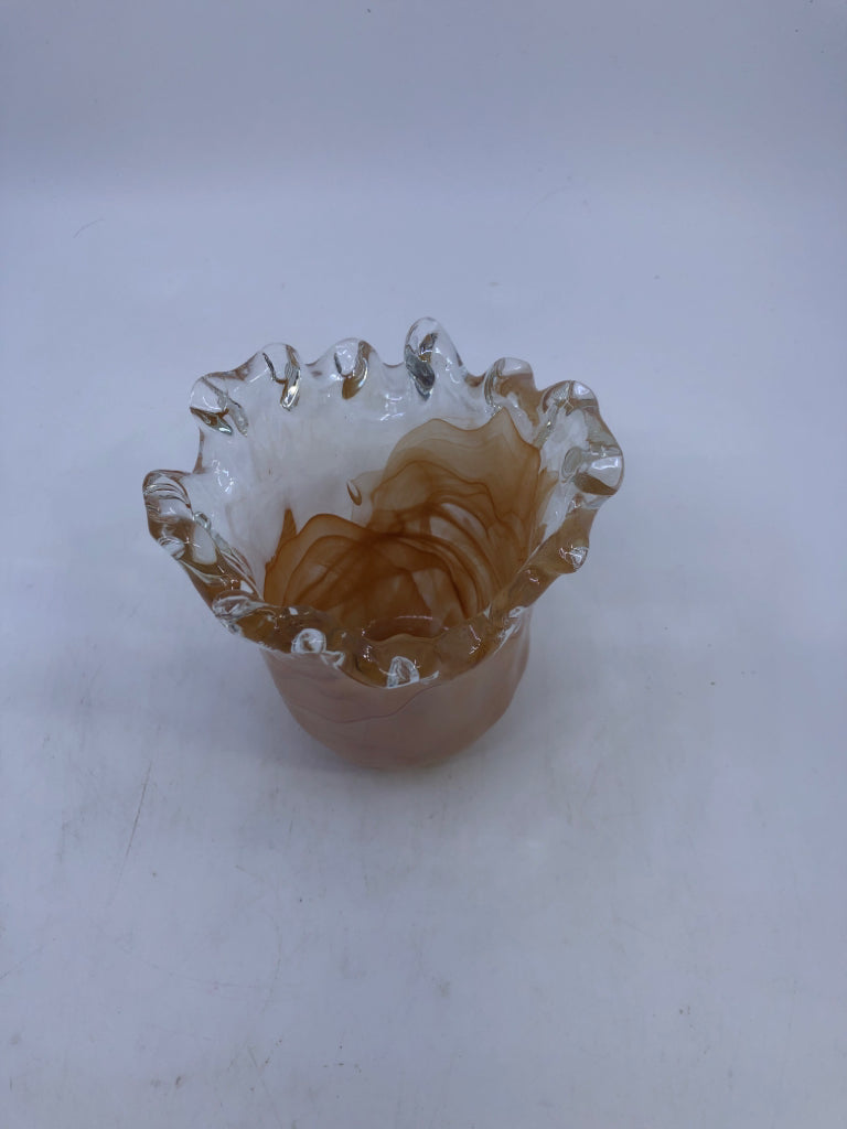 PEACH CLEAR GLASS VASE/ CANDLE HOLDER.