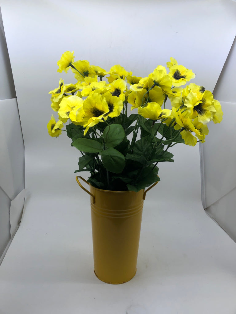 YELLOW TIN VASE W/ FAUX YELLOW FLOWER BOUQUET.