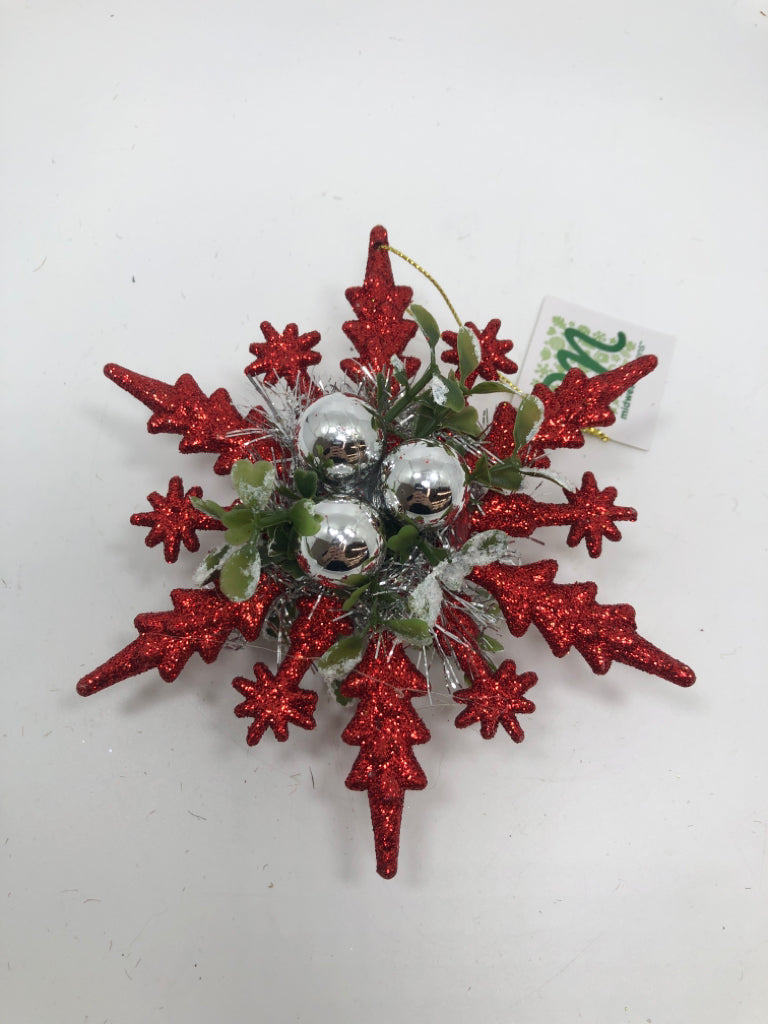 RED GLITTER SNOWFLAKE ORNAMENT W/SILVER BELLS.