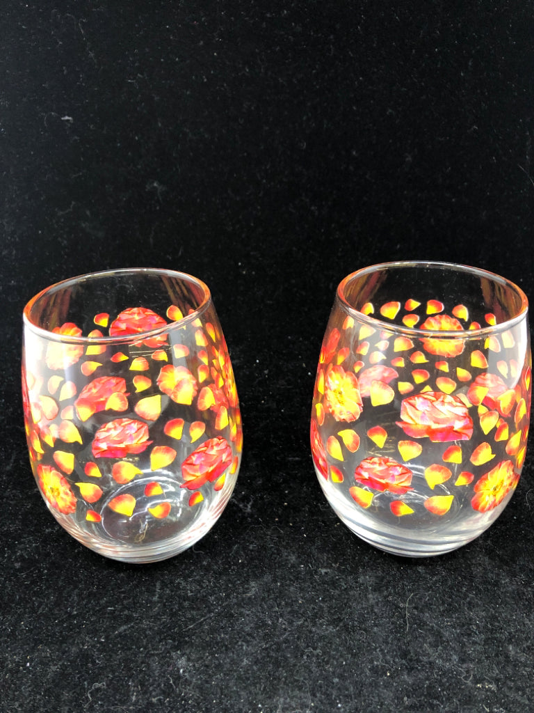 2 STEMLESS RED/ORANGE FLOWERS GLASSES.