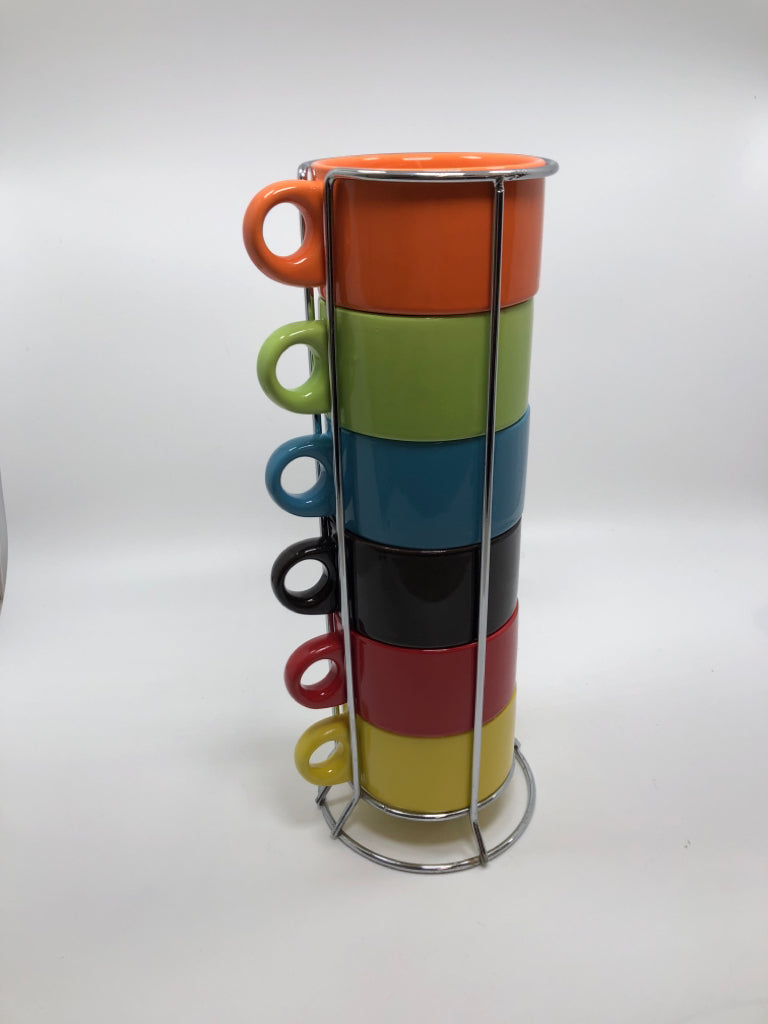 6 MULTI COLOR PIER 1 MUGS IN STAND.
