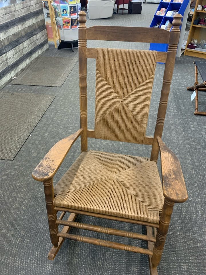 CRACKER BARREL WOVEN SEAT ROCKING CHAIR.