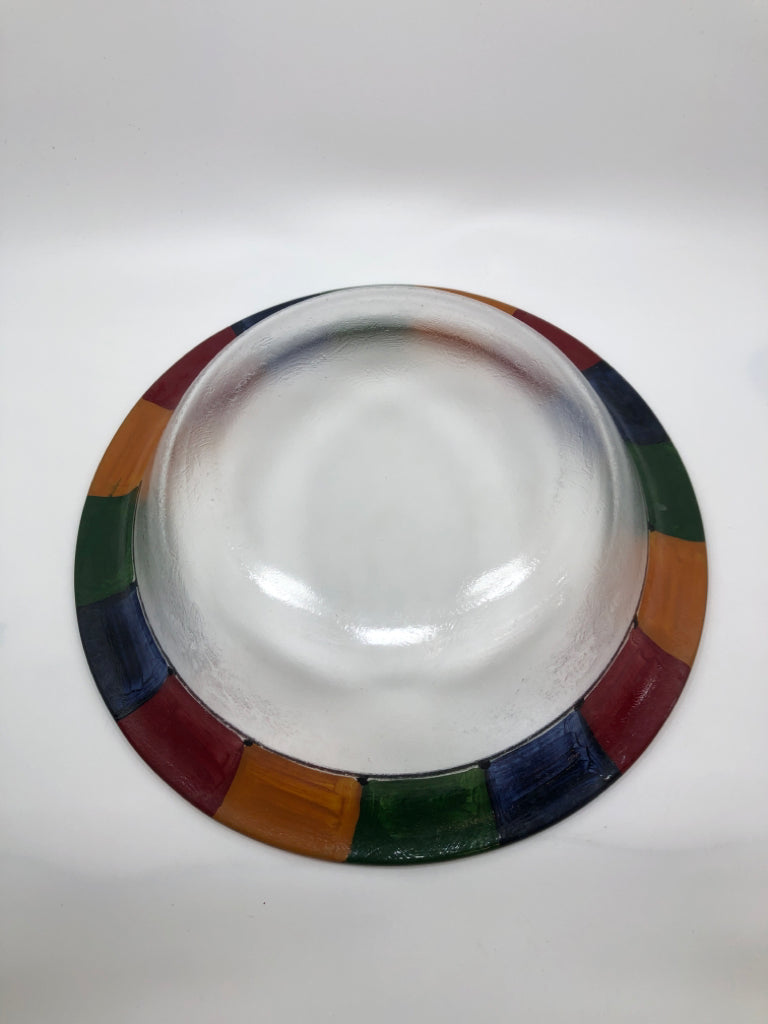 GLASS SERVING BOWL W/COLORFUL AND GOLD EDGE.