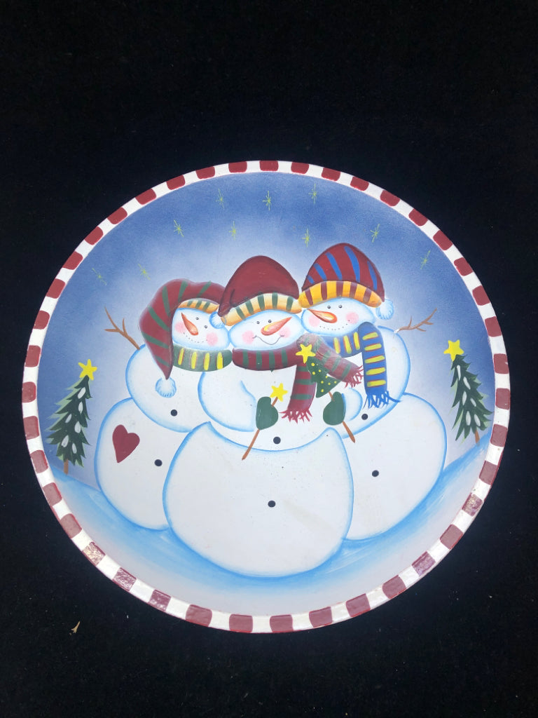 PRIMITIVE WOOD SNOWMAN DECORATIVE BOWL.
