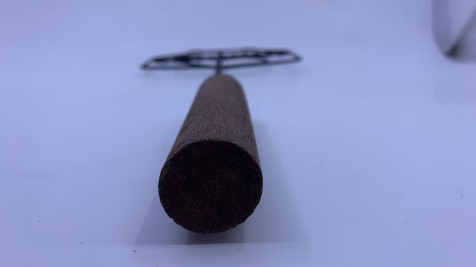 SHORT METAL HOUSE SHAPED RUG BEATER W/ WOOD HANDLE.