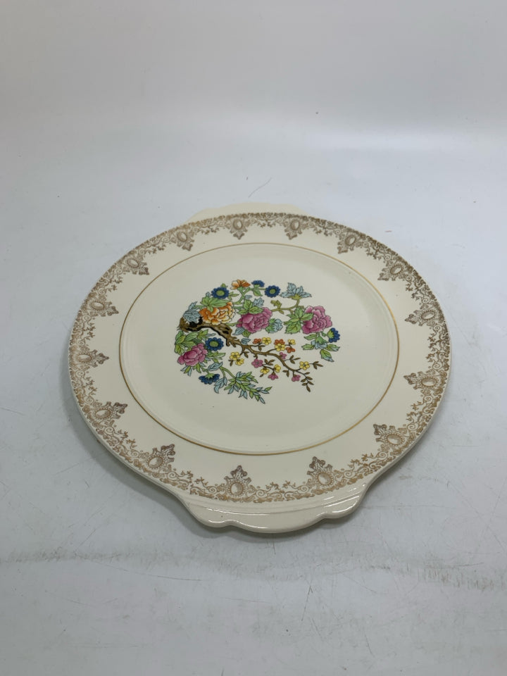 VTG CAKE PLATE W/ TREE COLORFUL FLOWERS IN CENTER GOLD DETAILED EDGE.