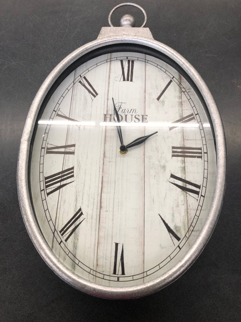 SILVER HEAVY OVAL FARMHOUSE CLOCK.