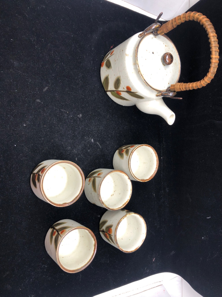 6 PC POTTERY TEA SET WHITE SPECKLED W/ ORANGE FLOWER+BRANCH.