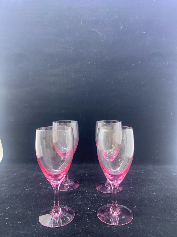 4 PINK GLASS WINE GLASSES.