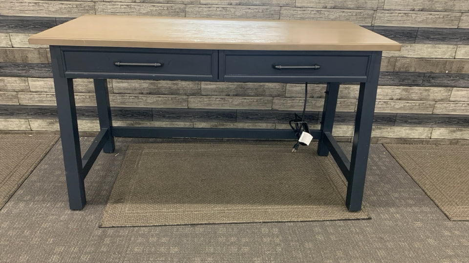 2-TONED WOOD-TOP BLACK DESK W/INDUSTRIAL HANDLES.