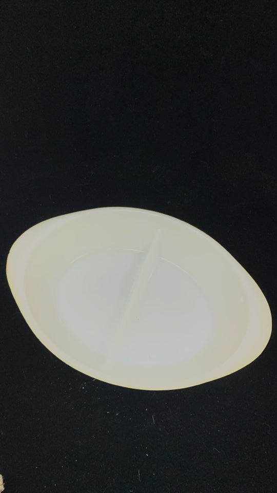 VTG DIVIDED YELLOW GLASBAKE DISH.