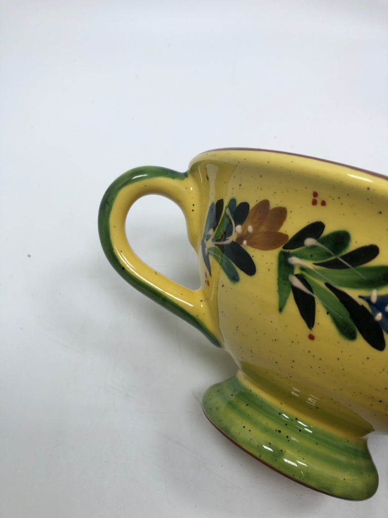 FLORAL PAINTED FOOTED BOWL W/HANDLE ON DRIP PLATE.