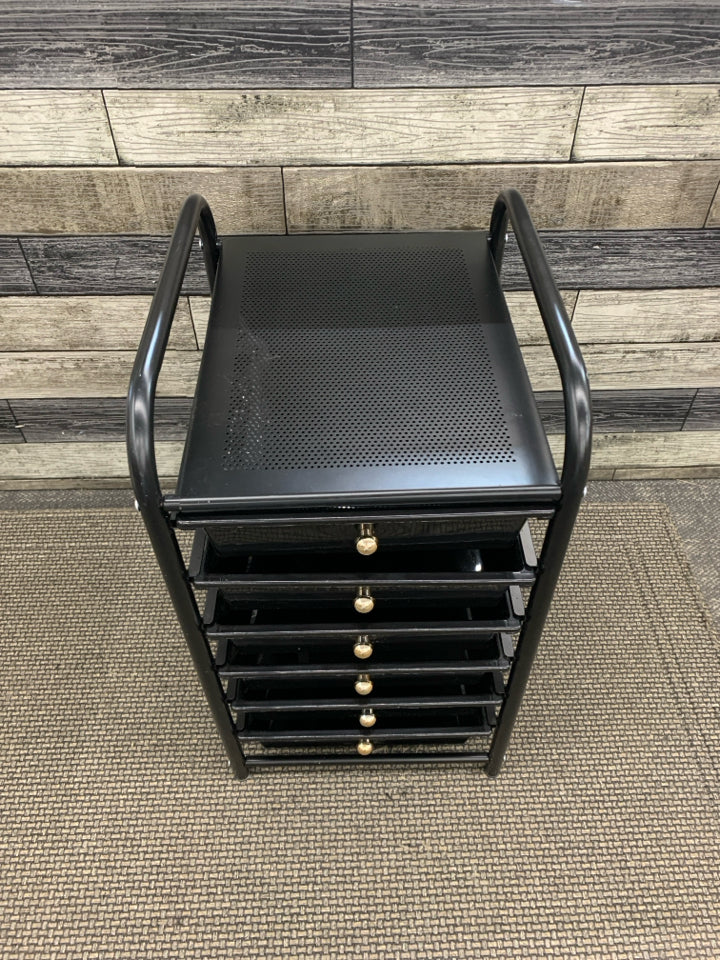 6-DRAWER BLACK ORGANIZER W/GOLD KNOBS.