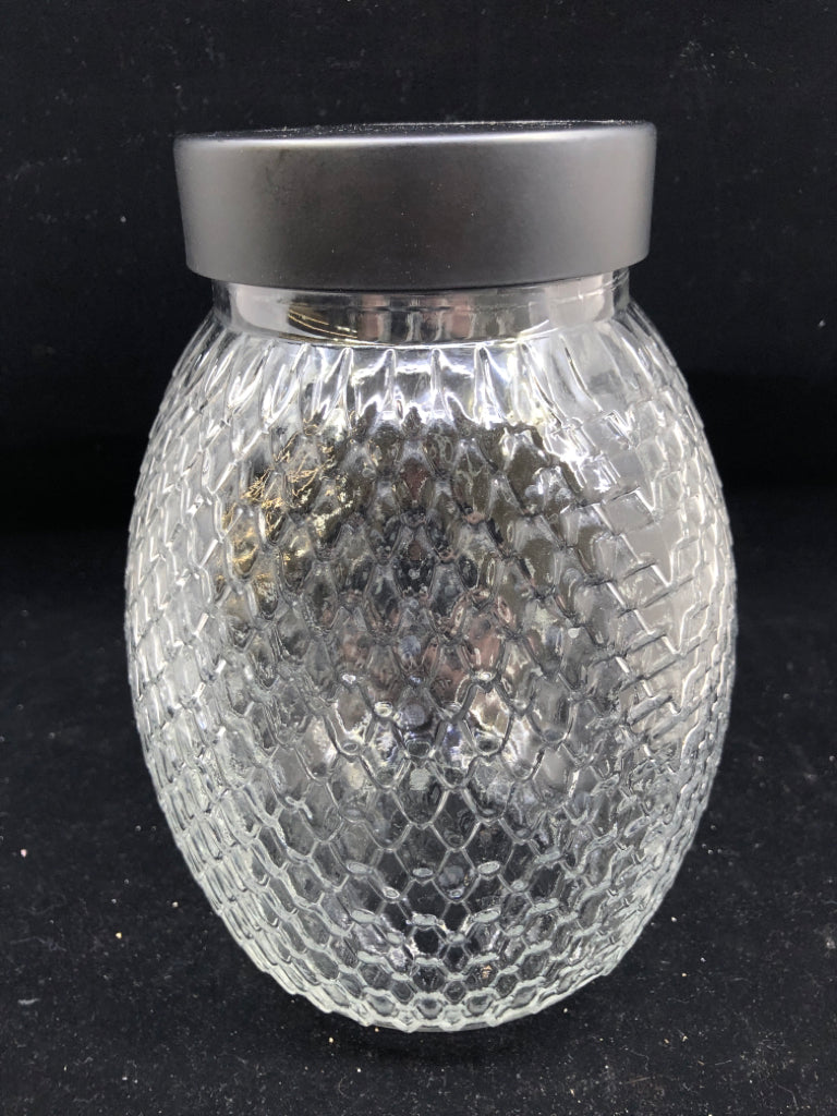 CLEAR GLASS OWL CANISTER W BLACK LID.