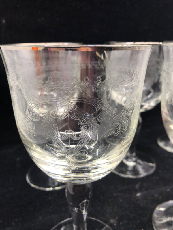 6 PRESSED GLASS WINE GLASSES W SILVER RIM.