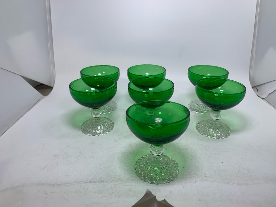 7 VTG BOOPIE BUBBLE FOREST GREEN SHERBET GLASSES.